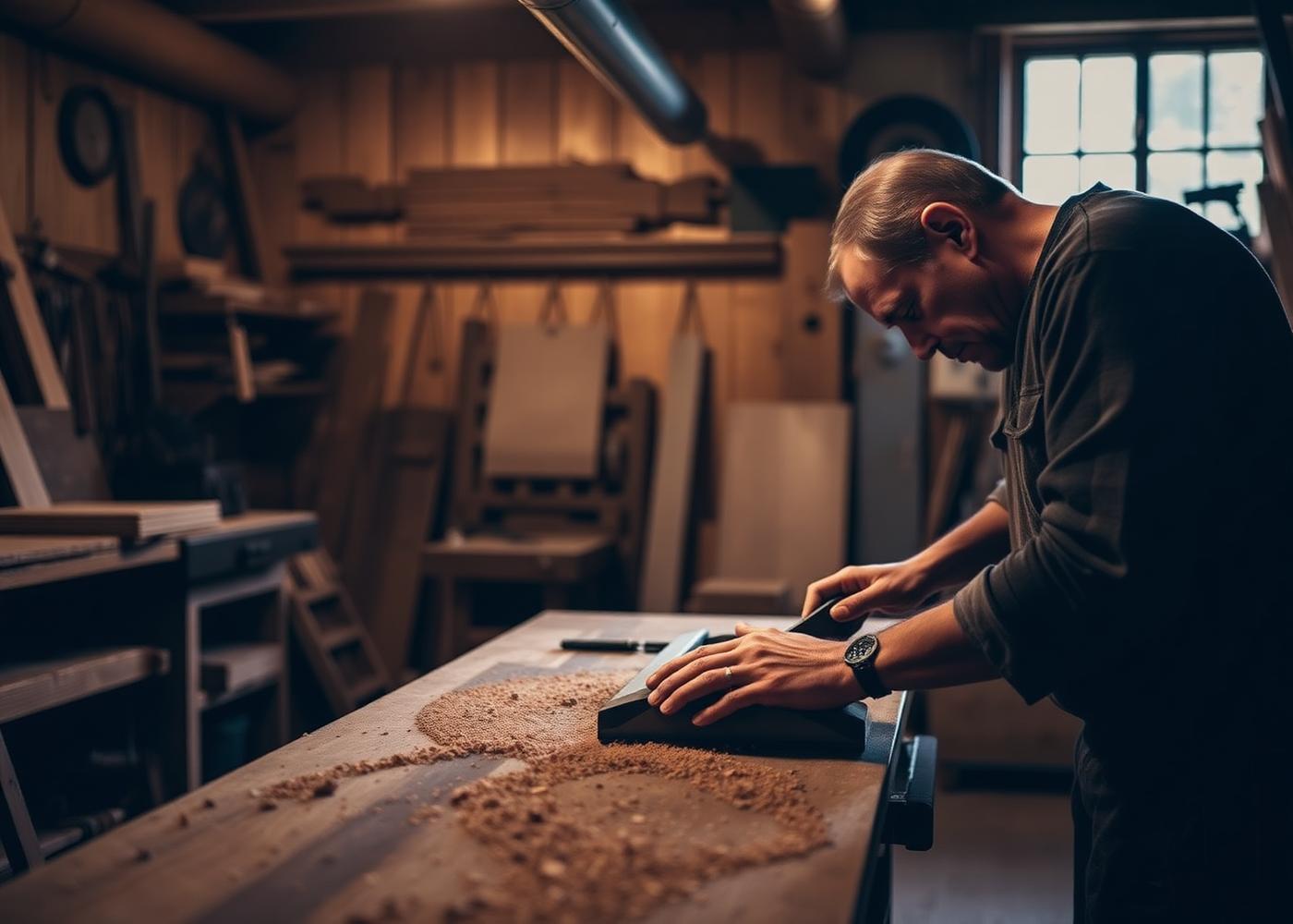 Ébéniste rabotant une planche de noyer dans un atelier québécois
